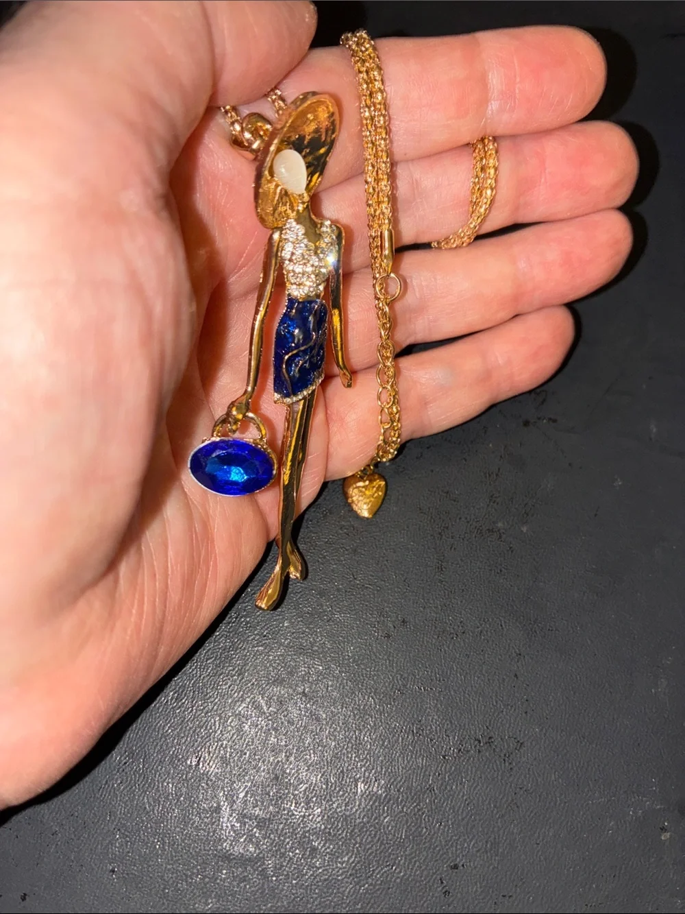Doll Pendant Necklace with Blue Crystals